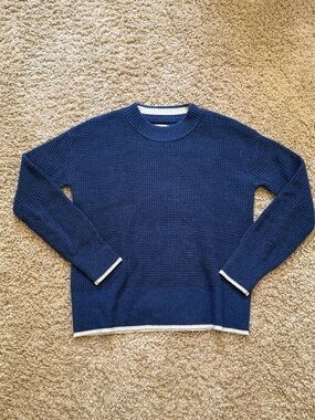 Faherty Wisp Waffle Knit Sweater Navy Blue  Relaxed Fit Wool Blend size Small